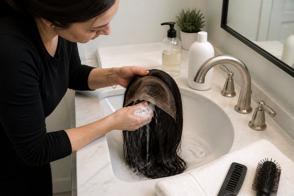 Woman gently washing a sheitel in a sink with sulfate-free shampoo and warm water, conditioning the mid-lengths and ends while carefully supporting the cap, with natural bathroom lighting