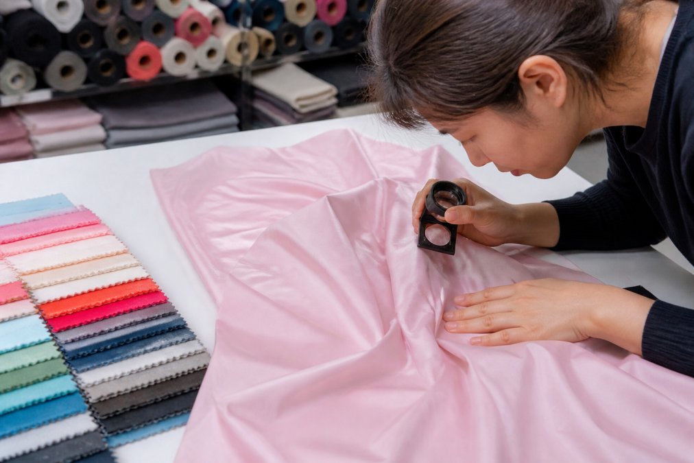 Quality control inspector examining fabric weave texture and color consistency under professional studio lighting, hands checking material finish on white worktable with fabric swatches