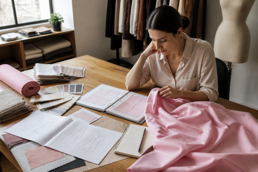 Fashion designer reviewing fabric samples and supplier documentation at wooden workstation with color swatches, specification sheets, and quality notes under natural window lighting