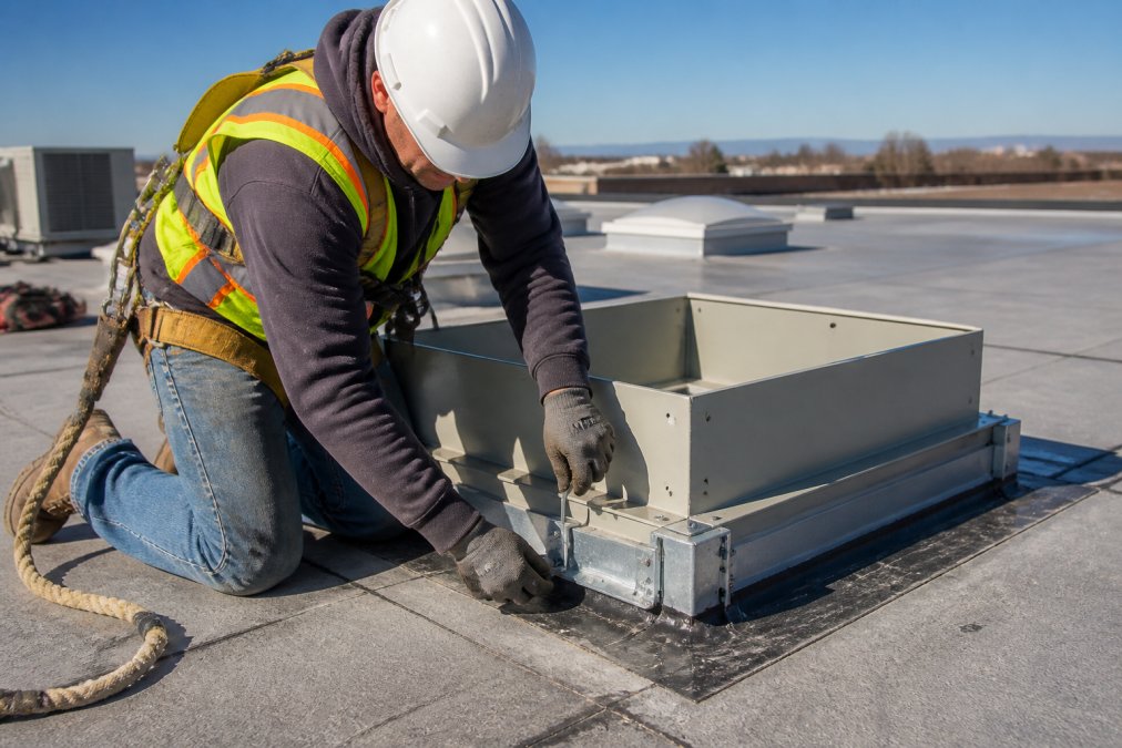 Construction worker in safety harness installing roof hatch curb assembly on commercial rooftop, showing mounting hardware, flashing integration, and structural support connections during daylight installation