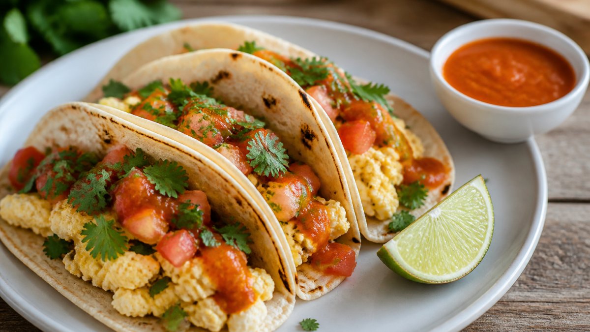 Breakfast tacos topped with mild hot sauce, cilantro, and diced tomatoes served with a lime wedge