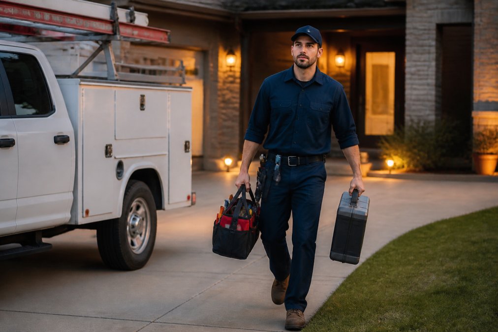 Licensed plumber in uniform arriving at residential property with service truck in evening light, carrying diagnostic equipment and tools