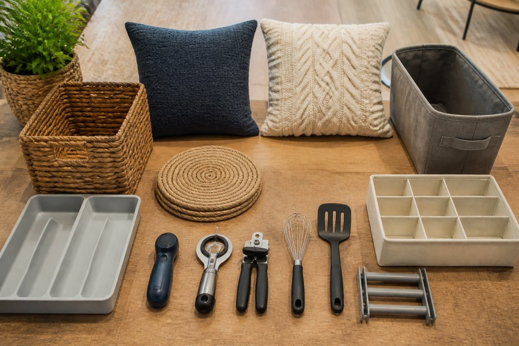 Flat-lay arrangement of home decor items including throw pillows, storage baskets, kitchen gadgets, and organizational accessories on a wooden surface with natural lighting