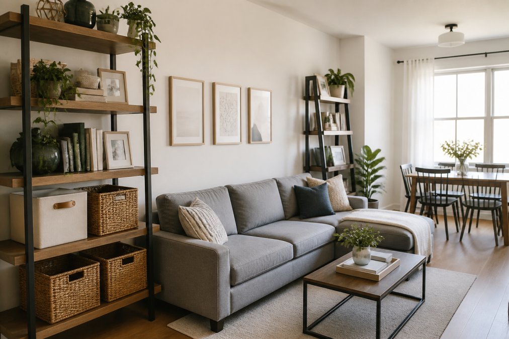 Modern apartment living room with clever storage solutions, vertical shelving, compact furniture, and organized home accessories in a bright, minimalist space