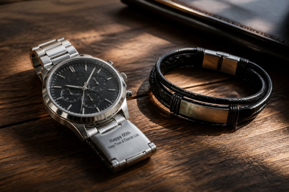 Close-up of an engraved stainless steel watch and a leather bracelet resting on a walnut wooden surface, soft window lighting casting gentle shadows