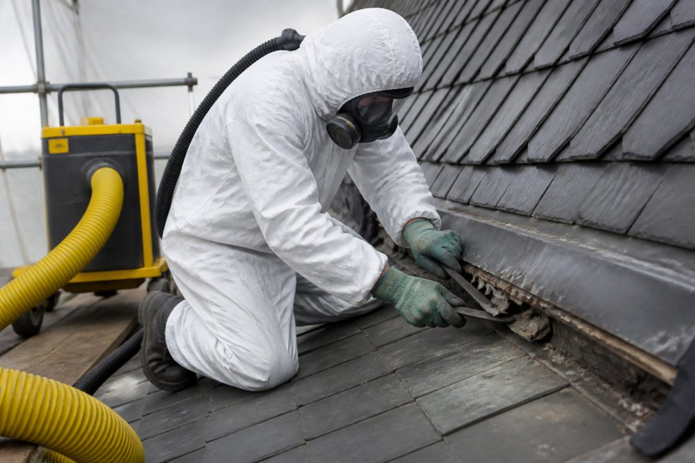 Bouwvakker in witte beschermingspak en adembesch erming voorzichtig bladlood verwijderend van een dakoppervlak met gereedschap en gele afzuiginstallatie zichtbaar