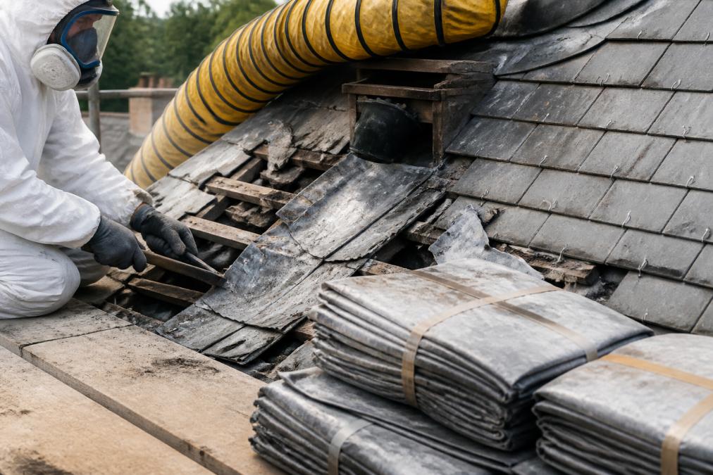 Close-up van professionele loodverwijdering van een oud dak met handgereedschap, gele afzuiginstallatie en stapels voorzichtig verpakt bladlood materiaal zichtbaar