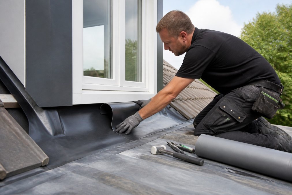 Vakman die een flexibele loodvervanger voorzichtig rond een dakkapel buigt, met gereedschap en materiaal zichtbaar op het dak