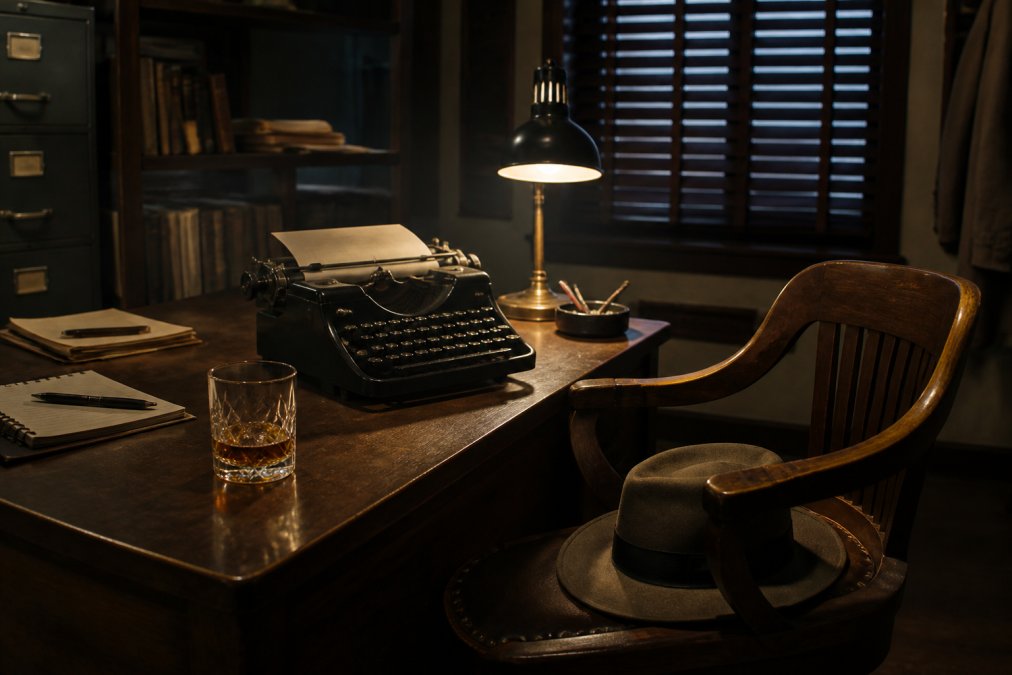 A vintage typewriter and whiskey glass on a desk evoke the classic atmosphere found in noir mystery novels.