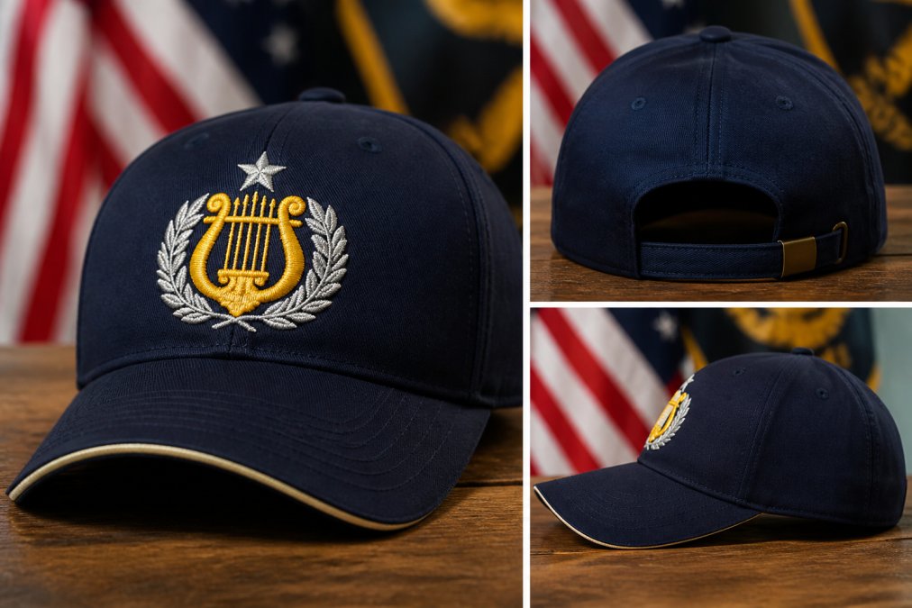 Close-up of navy blue embroidered military band cap showing detailed insignia stitching, emblem clarity, and construction quality from multiple angles under studio lighting