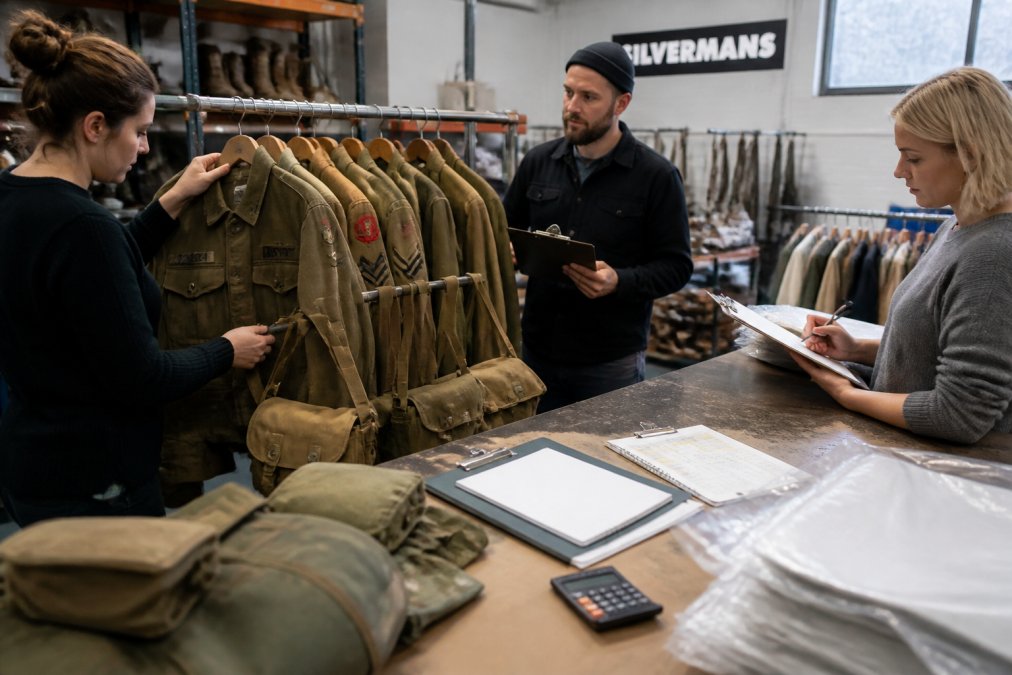 A costume department team examining vintage military uniforms and webbing bags on a rack in a bright production warehouse, with clipboards and garment bags nearby