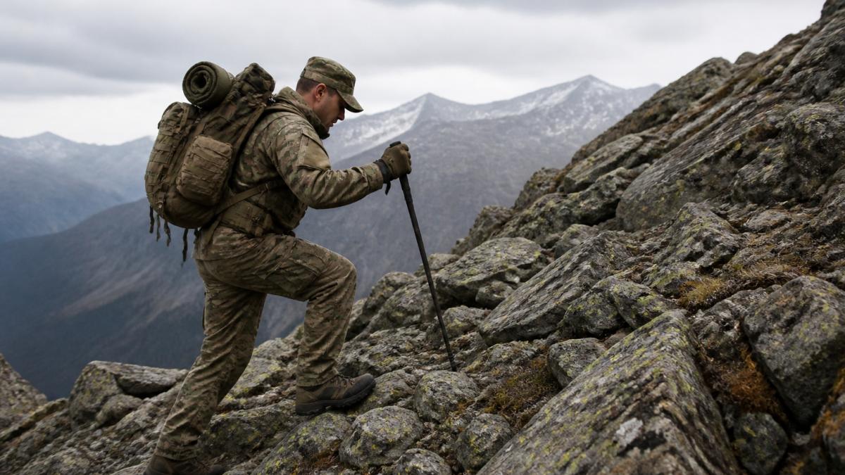 Hiker in military field uniform navigating rocky mountain terrain during overcast conditions, demonstrating practical durability and functionality with heavy pack and challenging slope