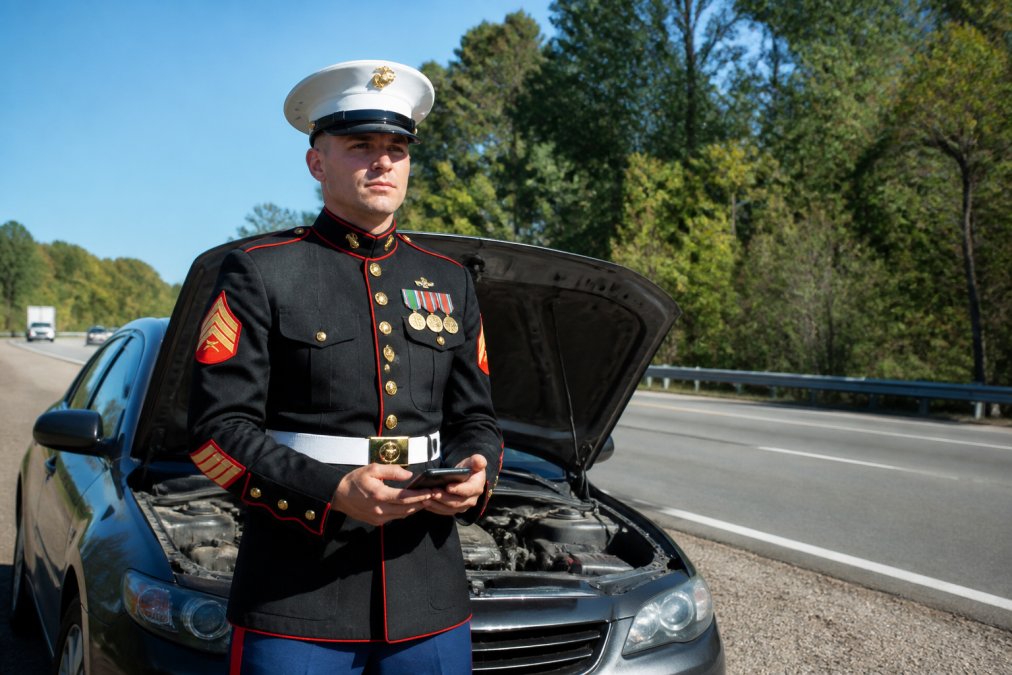 Military service member in full dress uniform standing beside their vehicle on a highway shoulder, holding a smartphone displaying a roadside assistance app with a map, natural daylight with clear sky