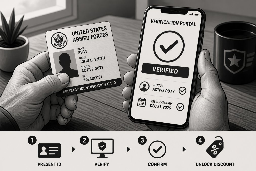 Close-up of weathered hands holding a military ID card and a smartphone screen showing a verification portal with a green checkmark, sitting on a wooden table with natural window lighting