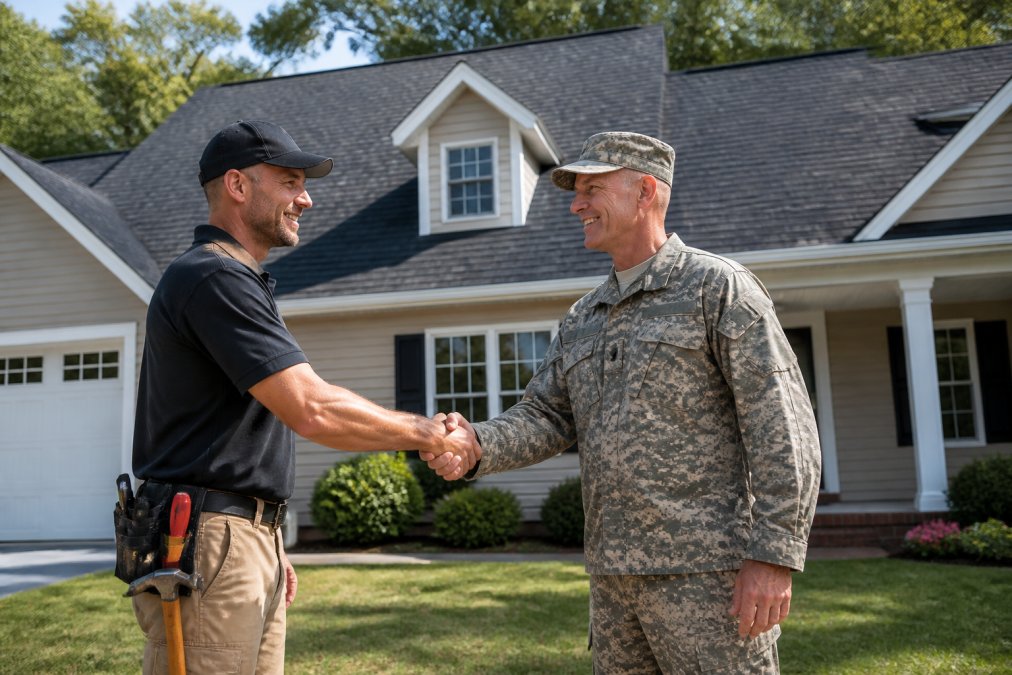 Roofing contractor shaking hands with a veteran homeowner to discuss military discounts for a new roof installation.