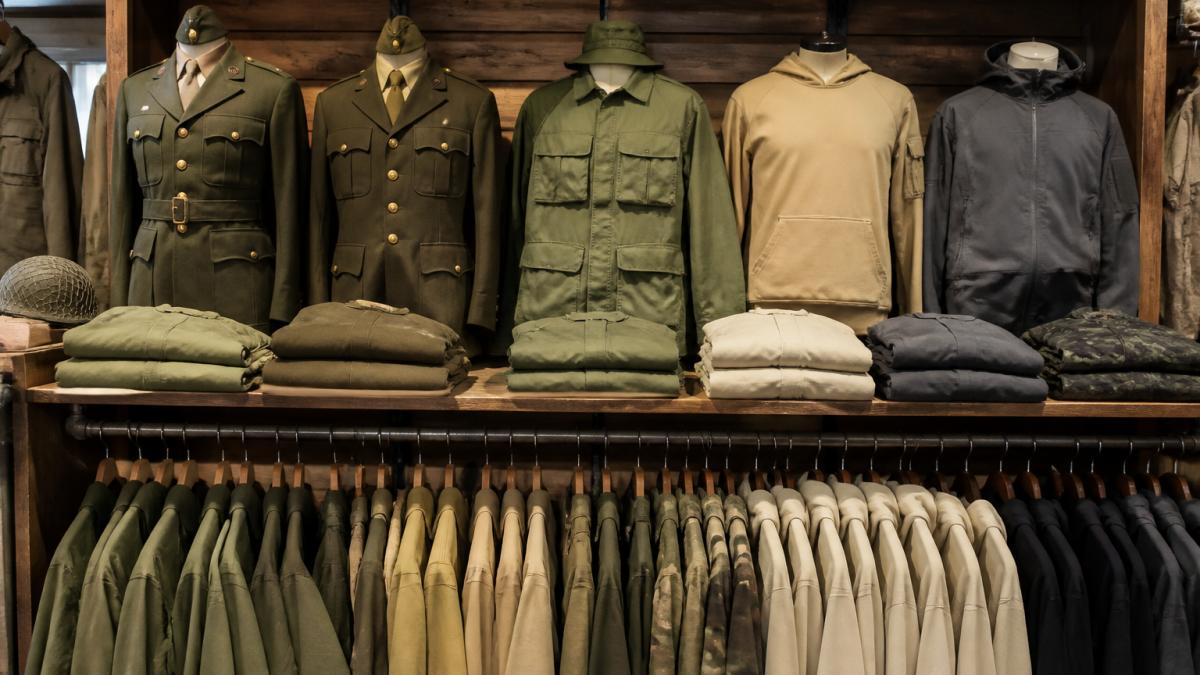 Collection of vintage military uniforms displayed alongside contemporary streetwear pieces on wooden shelves, showing the visual progression from structured olive drab service dress to modern relaxed-fit tactical apparel
