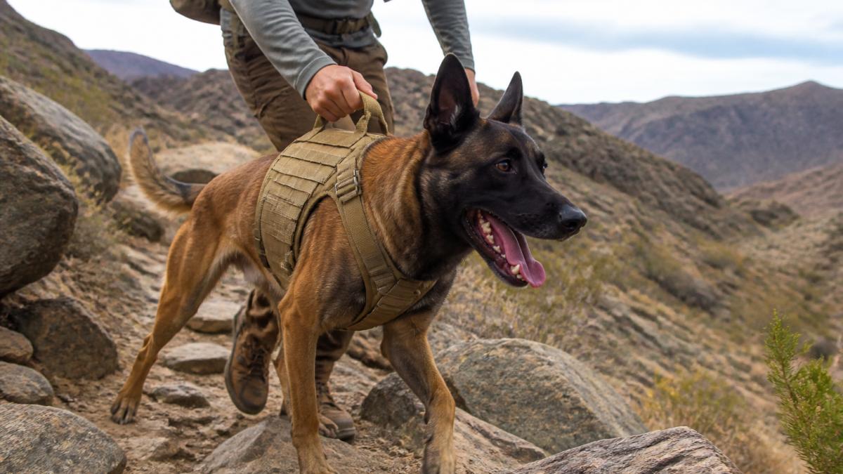 Active dog wearing properly fitted tactical harness on hiking trail, showing correct chest strap positioning and reinforced handle placement during outdoor use