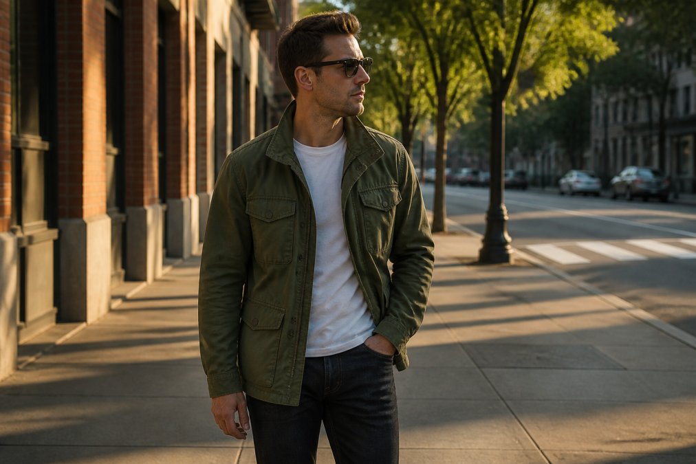 A person wearing a classic olive drab field jacket over a plain white t-shirt and dark jeans, standing on a city sidewalk with soft afternoon light casting long shadows
