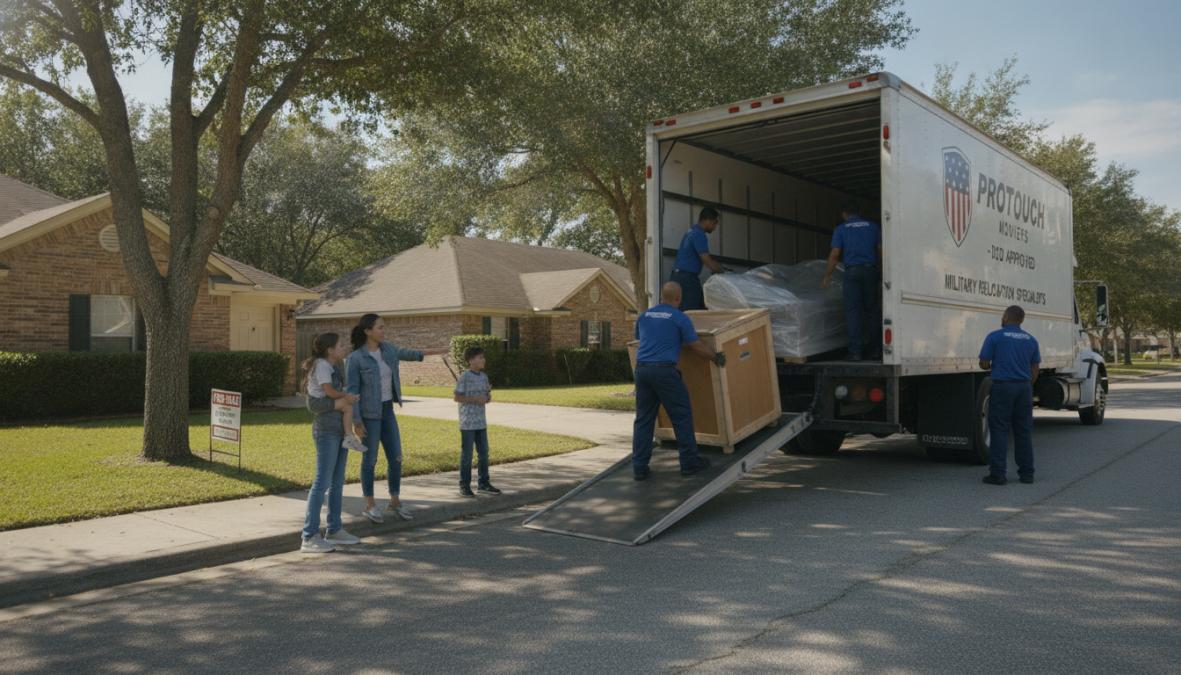 Professional moving crew carefully loading household goods and boxes into a military transport truck, with a military family watching nearby in natural daylight
