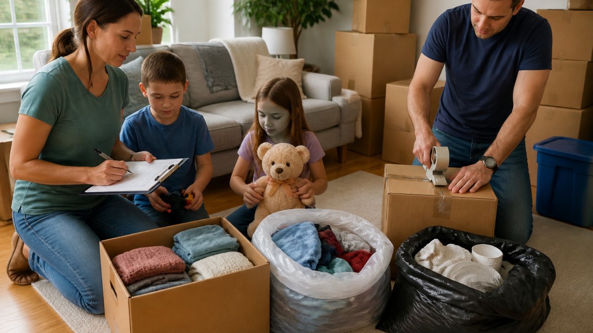 A military family in a living room sorting items into three piles: boxes labeled pack, bags for donation, and a trash pile. Here is the order that works: 1. **Storage rooms, attics, and garages.** Seasonal items, holiday decor, and things you have not touched in a year. 2. **Guest rooms and formal spaces.** Furniture and decor you can live without for a few weeks. 3. **Home offices and hobby rooms.** Books, files, and equipment. 4. **Kitchen items.** Keep one set of dishes, one pot, and one pan out. 5. **Bedrooms.** Pack clothing you are not wearing this season. 6. **Bathrooms and daily essentials.** These go last, and some go in your car. Sort every pile into four groups: pack, store, donate, discard. Movers charge by weight, so every box you leave behind saves you money. ## PCS Essentials Box Checklist: Your First-Night Kit A PCS essentials box is the one container that stays with you, not the movers. It holds everything your family needs for the first 24 hours in a new home. Pack these items yourself: - [