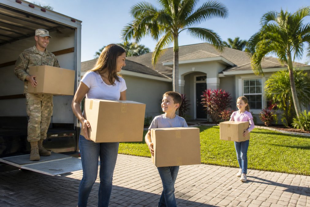 Military family unloading boxes from a truck during a military relocation to a sunny Florida home
