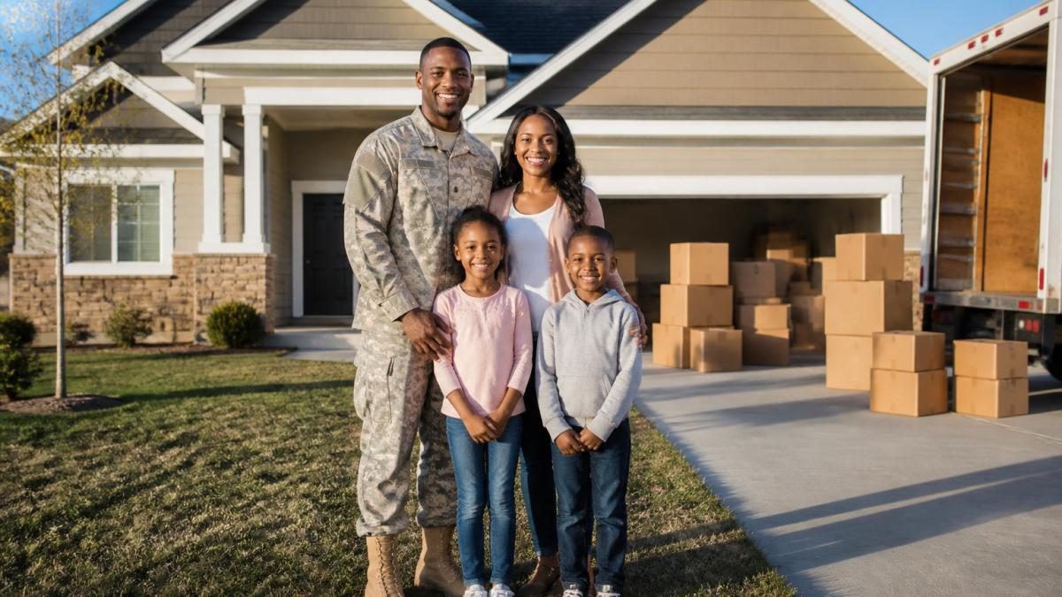 Military family smiling in front of a new home in Sumter while using military relocation services for their move.