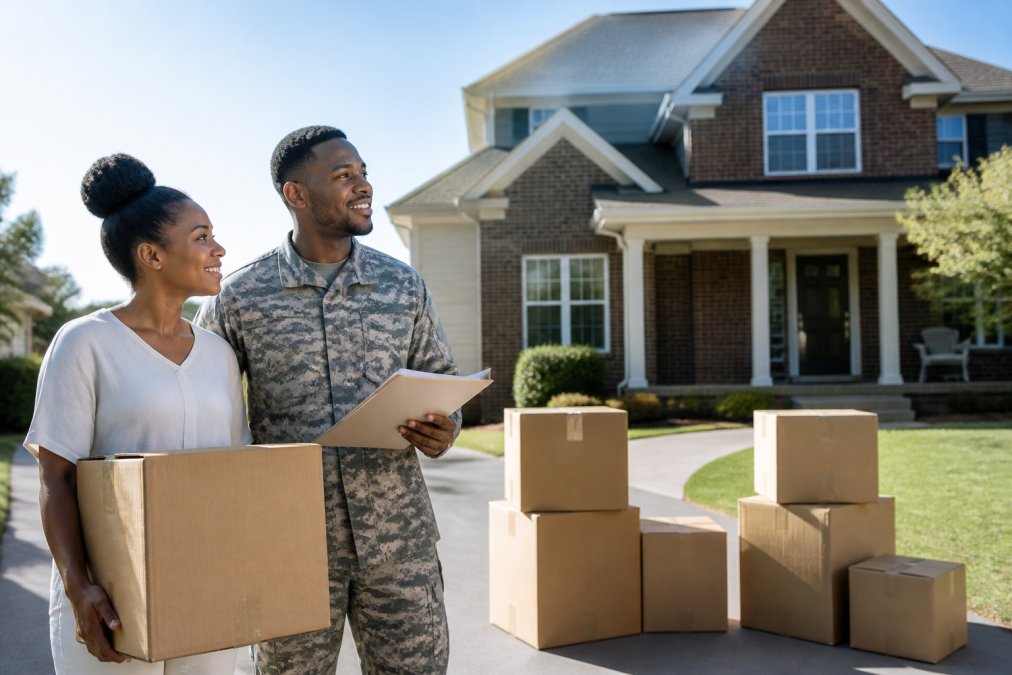 Military family with moving boxes and paperwork outside their new Nashville home during a military relocation.