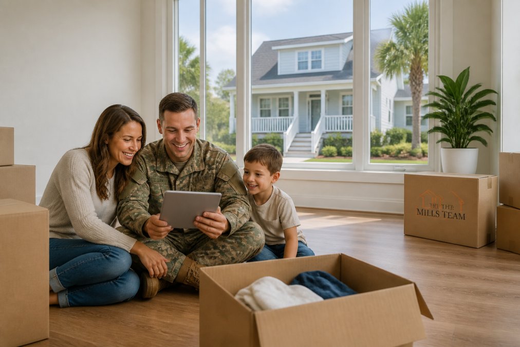 A military family with moving boxes in a bright, empty living room, looking at a tablet and smiling, with a view of a Charleston-style single house through the window
