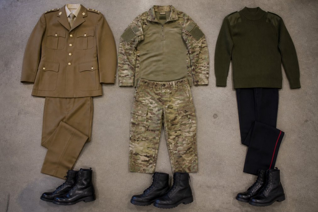 A khaki parade uniform, camouflage combat gear, and barrack dress with boots arranged on a neutral surface.