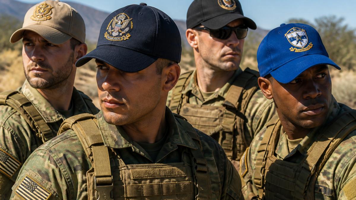 Service members wearing embroidered military unit caps in outdoor field setting, showcasing different branch colors and insignia details with natural sunlight highlighting fabric texture and embroidery quality