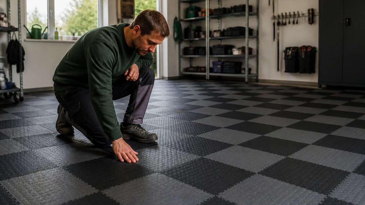 Rent, velorganiseret garage med genanvendelige gulvfliser installeret uden lim, hvor en person inspicerer gulvet tæt på med naturlig dagslys fra vinduerne