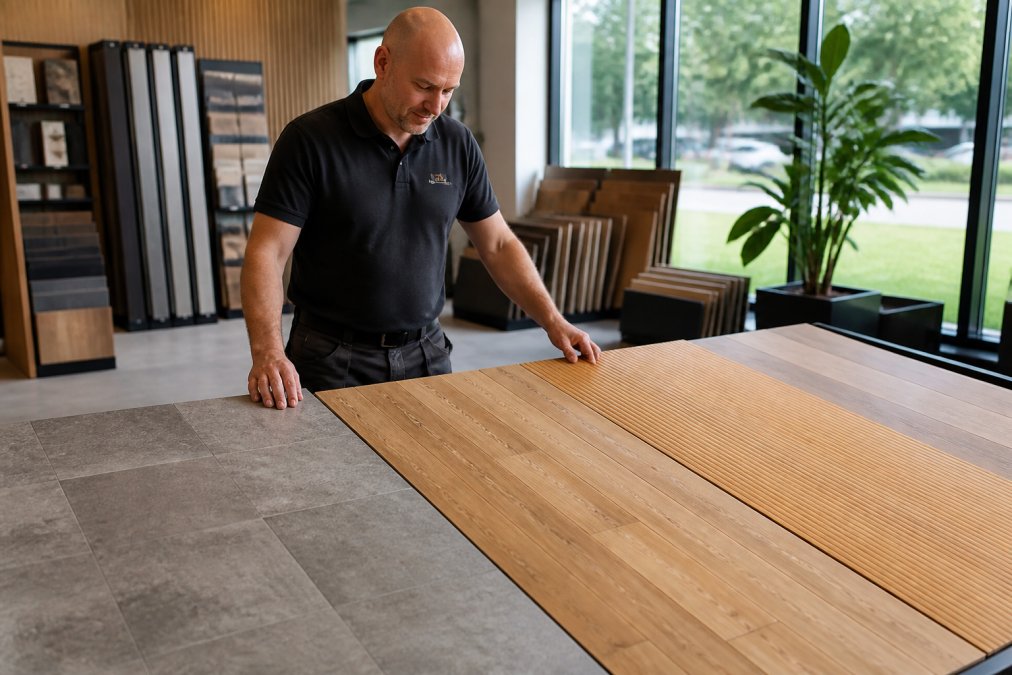 Professionel gulvlægger præsenterer forskellige bæredygtige gulvmaterialer - PVC-fliser, træ- og bambusprøver - lagt side om side på en moderne showroom med naturligt lys fra store vinduer
