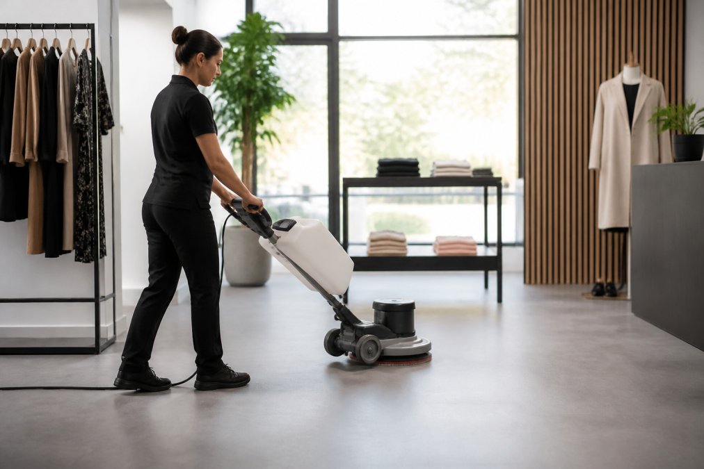 Professionel rengøringsmedarbejder bruger miljøvenligt rengøringsudstyr på et kommercielt vinylgulv i en detailbutik med varmt naturligt lys