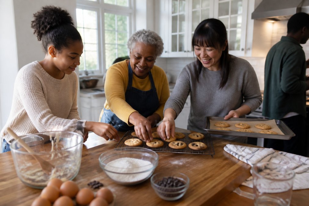 Close-up of hands with diverse skin tones and ages placing golden-brown cookies onto a cooling rack in a bright, modern home kitchen with natural light streaming through windows, mixing bowls and ingredients visible on the counter
