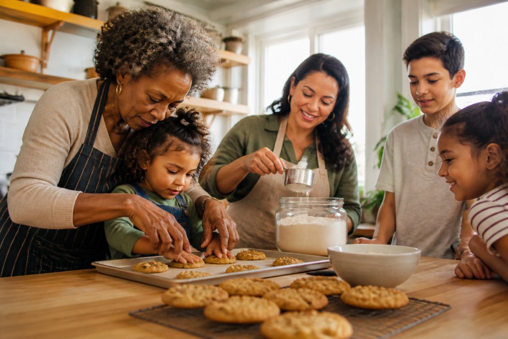 A multigenerational family baking cookies together in a warm, sunlit home kitchen, a Black grandmother in an apron guiding a young child's hands as they press dough onto a baking sheet, while a middle-aged Hispanic woman smiles and measures flour at the counter, with golden cookies cooling on a rack in the foreground