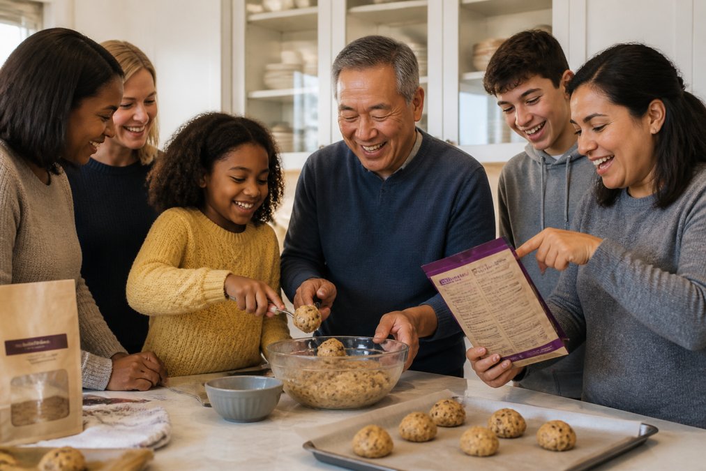 A diverse group of adults and children of different races and ages gathered around a bright kitchen island, a young Black girl and an older Asian man smiling as they scoop cookie dough from a mixing bowl, a White teenage boy laughing nearby, and a middle-aged Latina woman pointing at instructions on a packaged baking mix visible on the counter