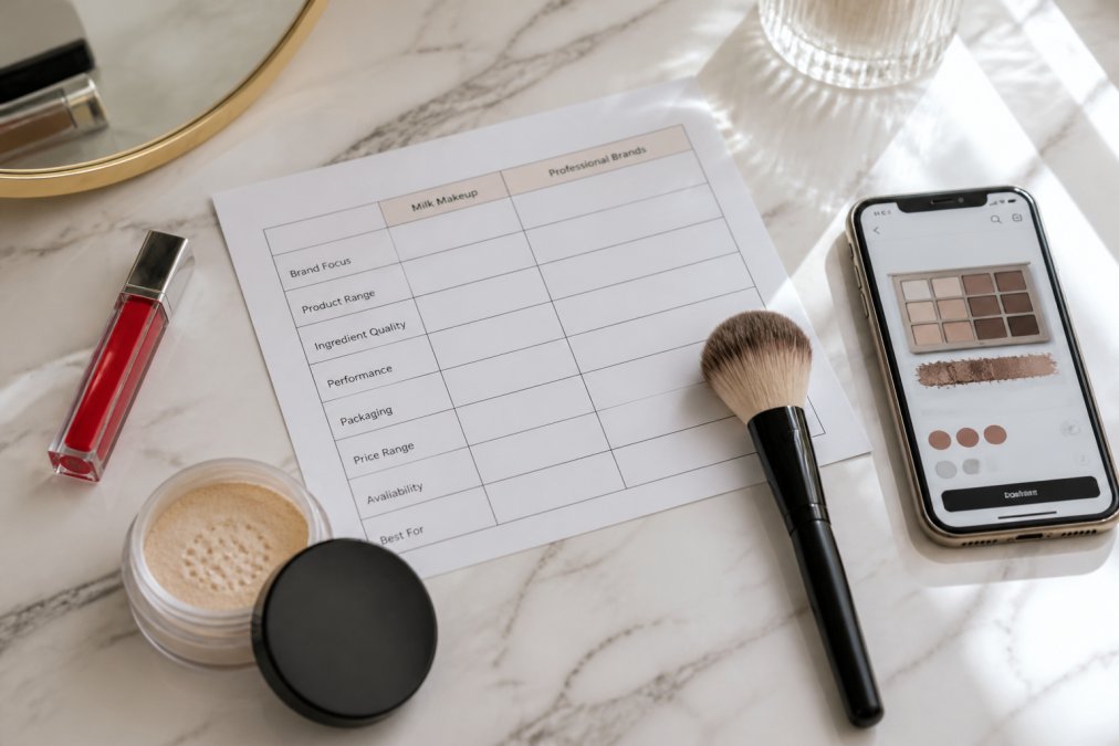 Overhead flat lay on a white marble vanity showing a red lip gloss, a loose setting powder, a fluffy makeup brush, a printed comparison sheet, and a smartphone displaying a product page, soft morning window light