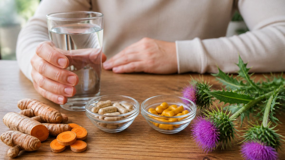 Person holding a glass of water with milk thistle and turmeric supplement capsules on a wooden table, fresh turmeric root and milk thistle plant visible in soft natural light