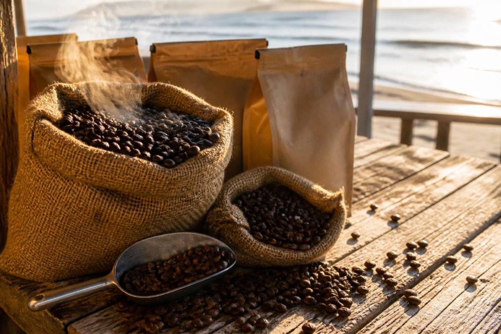 Freshly roasted coffee beans in burlap bags and kraft paper packaging with steam rising, displayed on weathered wooden table with coastal morning sunlight streaming across the beans