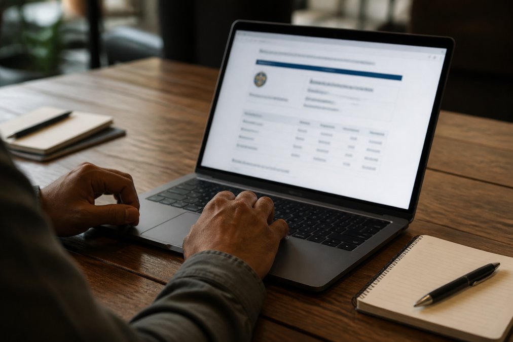 A close-up of a person's hands reviewing a laptop screen displaying a business verification website, with a notepad and pen nearby on a wooden desk