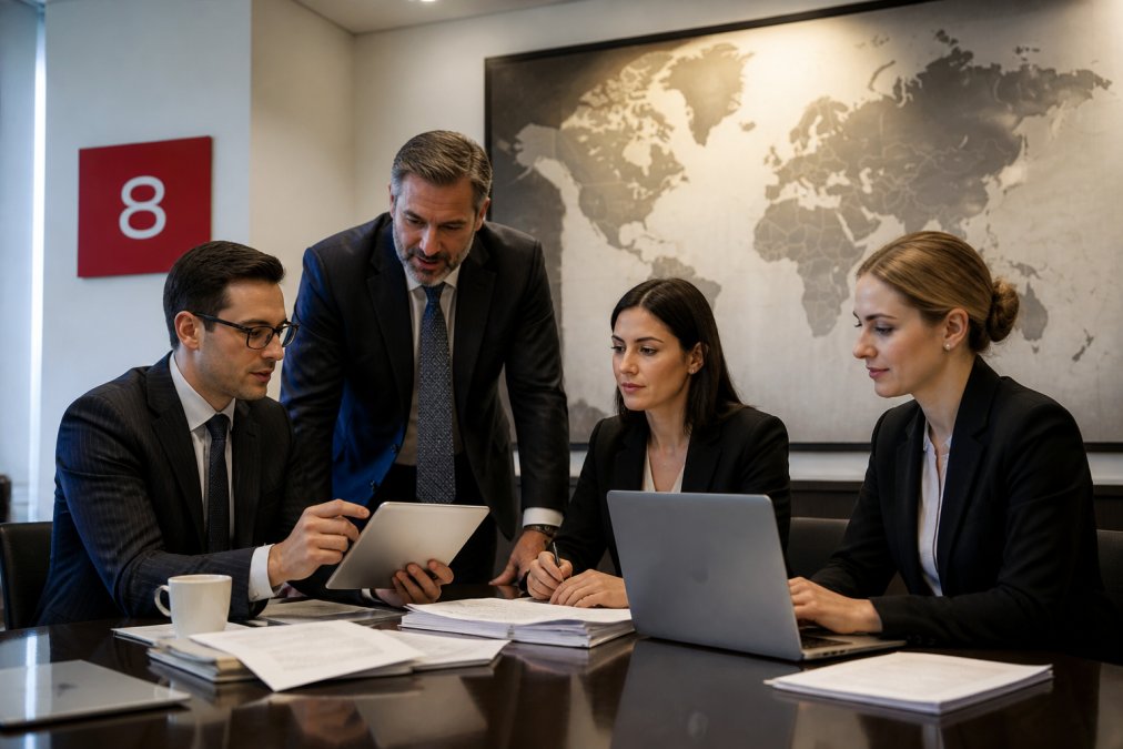 A professional compliance team in a modern boardroom reviewing documents on a tablet and laptop, with a world map on the wall behind them