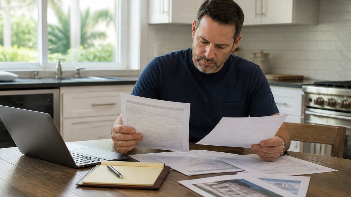 Homeowner sitting at kitchen table reviewing contractor insurance certificates, licenses, and bid documents with a laptop and notepad nearby, natural morning light from window
