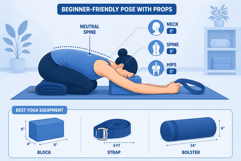 Person using yoga blocks and straps during a beginner-friendly pose, showing proper prop support with neutral spine alignment in home practice space