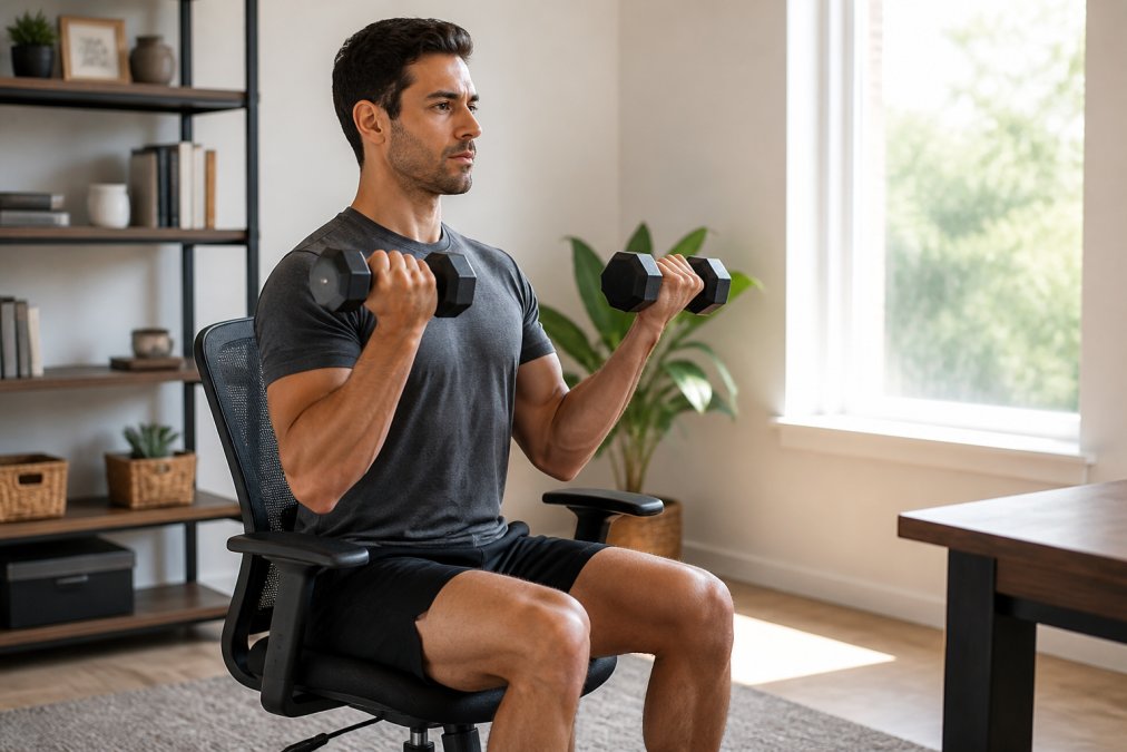 Person performing intentional resistance movement in home office with proper posture alignment, hands gripping dumbbells mid-exercise with focused facial expression and natural window lighting