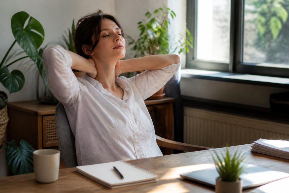 Remote worker seated at desk performing gentle neck and shoulder stretches with proper posture, hands behind neck, face relaxed with afternoon natural light from window behind