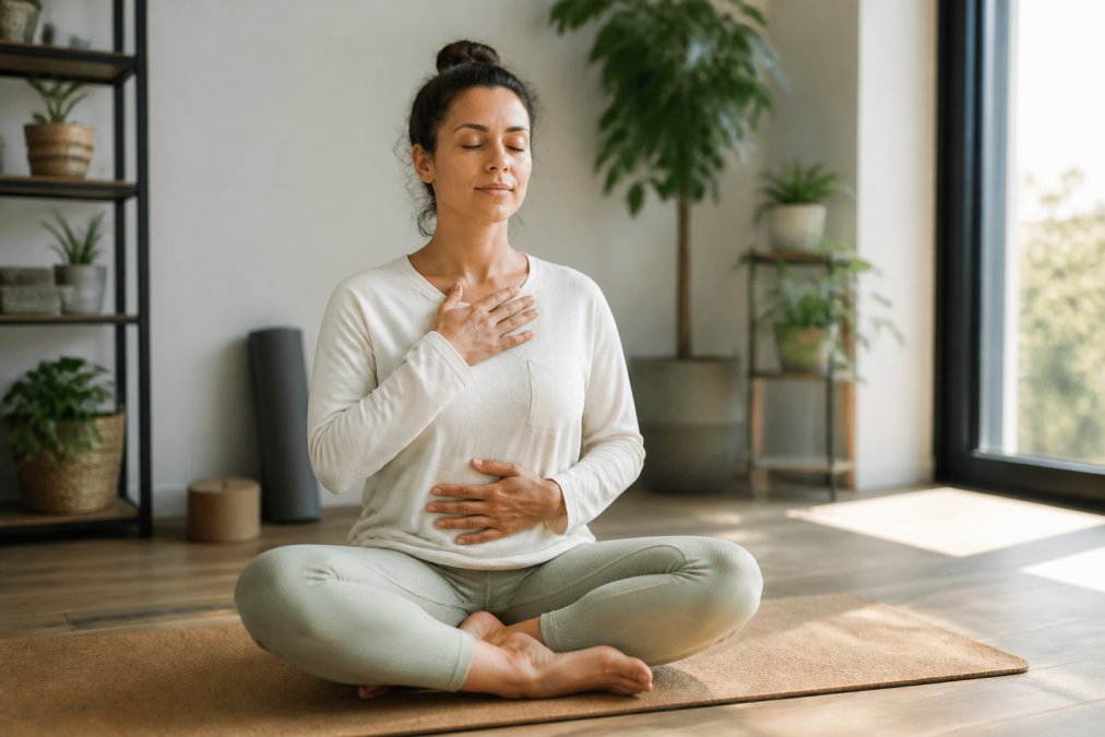 Person sitting on a cork meditation mat in a calm home workspace, eyes closed with relaxed shoulders, practicing intentional breathing with natural window lighting