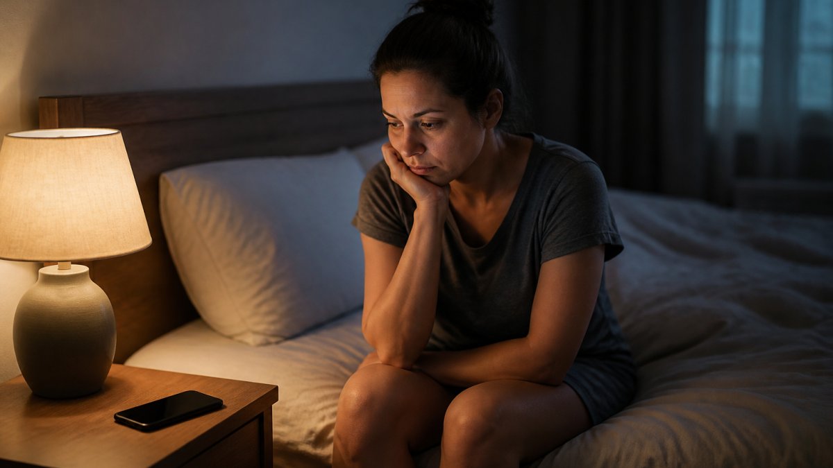Tired person sitting on a bed at night considering hypnosis alternatives to improve their restless sleep