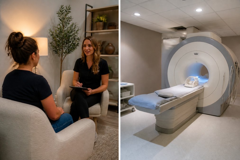 Clinical team member consulting with patient in modern wellness clinic environment with soft lighting, comfortable seating, and calming decor