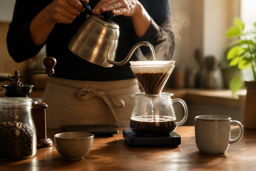 Close-up of hands pouring hot water from a gooseneck kettle over a pour-over dripper, steam rising, warm morning light on a wooden kitchen counter with a ceramic mug nearby