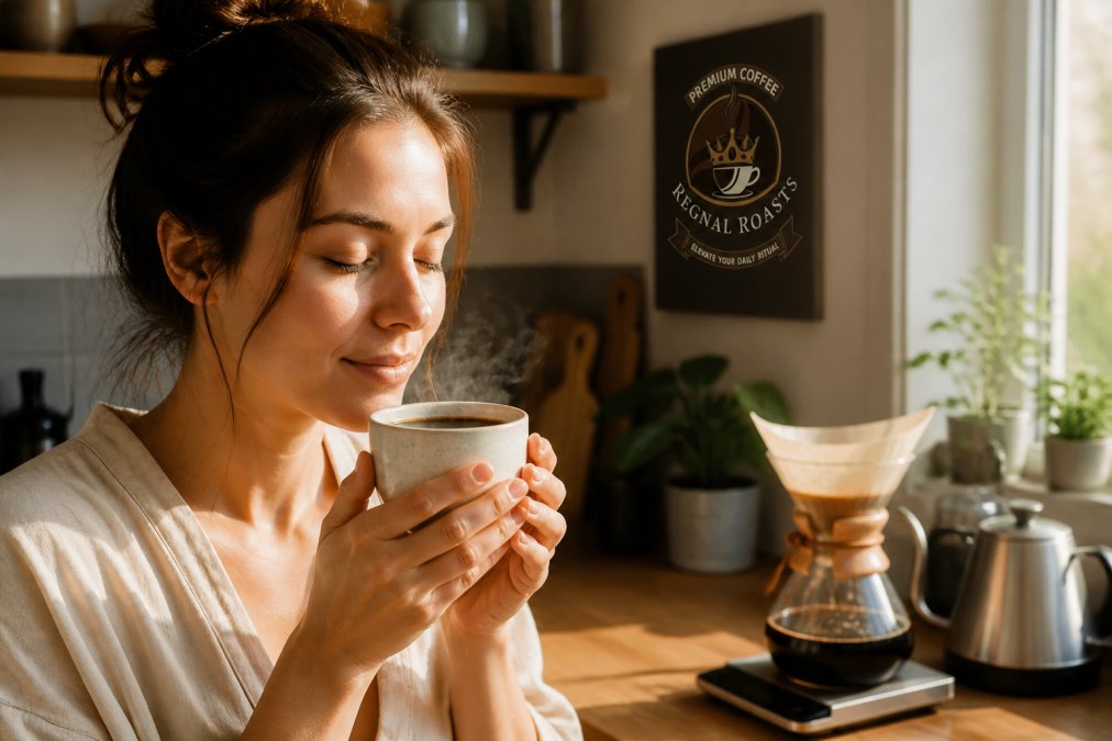 A close-up of a person holding a steaming ceramic mug with both hands, eyes gently closed, savoring the aroma in a sunlit kitchen with a pour-over setup on the counter behind them